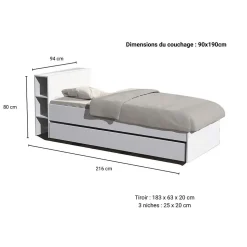 Lit 1 place 90x190cm blanc ROGO inclus tete de lit avec étageres