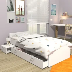 Lit 1 place 90x190cm blanc TIDO inclus chevet et tiroir pour rangement