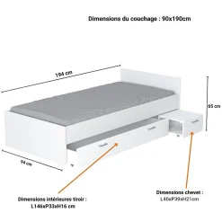 Lit 1 place 90x190cm blanc TIDO inclus chevet et tiroir pour rangement