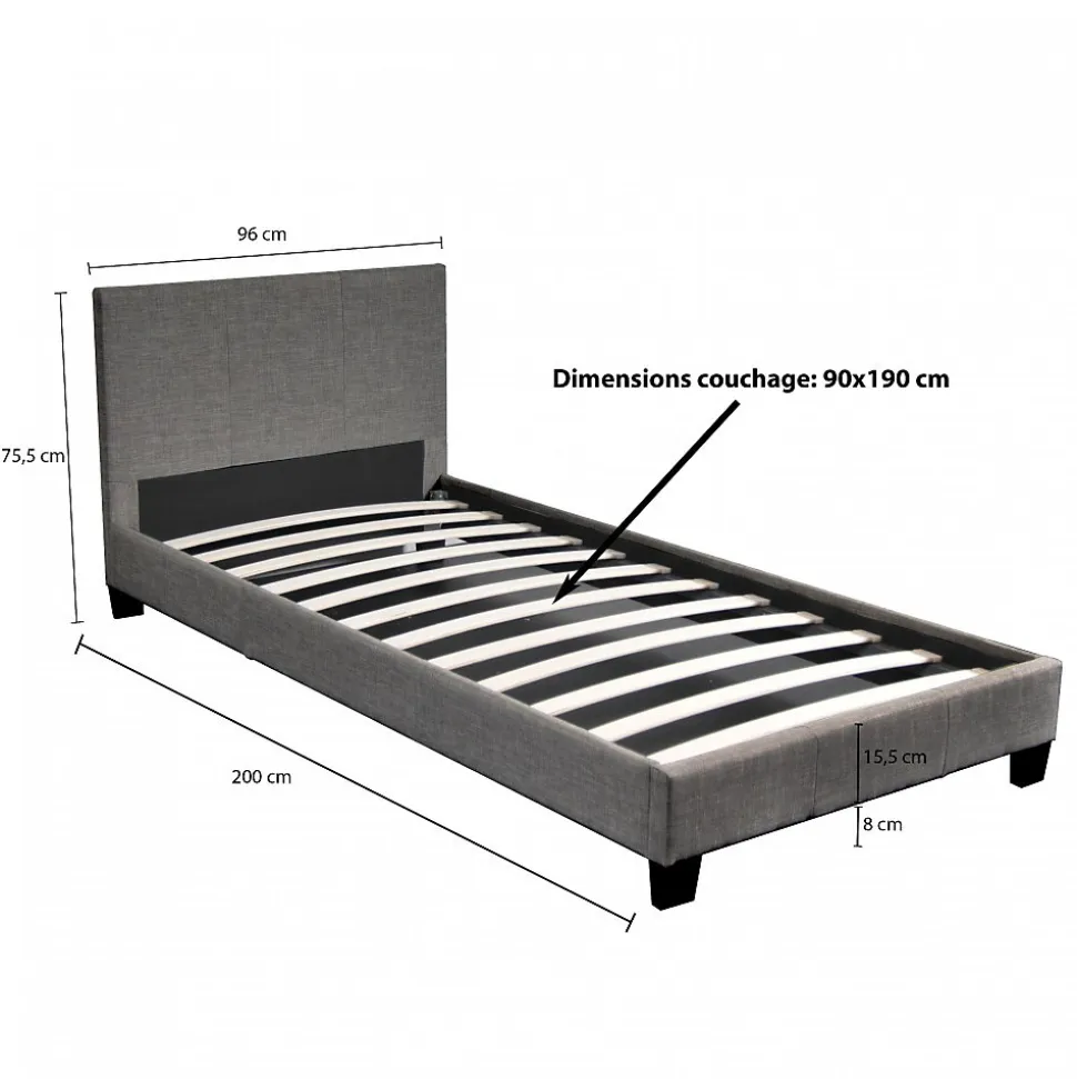 Lit 1 place 90x190cm Tissu Gris foncé avec sommier DUSIN