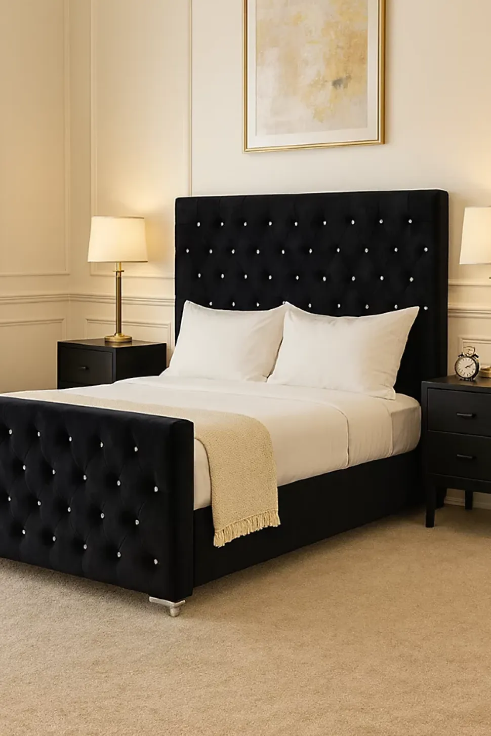 Lit 2 places PRESTIGE velours capitonné 140x190 cm avec sommier à lattes