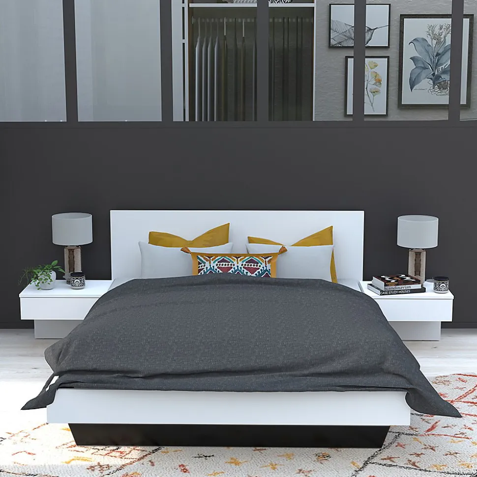 Lit 2 places 140x190cm Blanc CAIL inclus sommier et 2 chevets