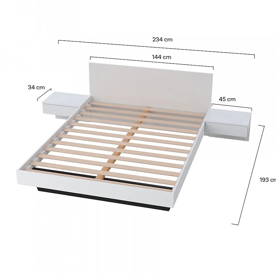 Lit 2 places 140x190cm Blanc CAIL inclus sommier et 2 chevets