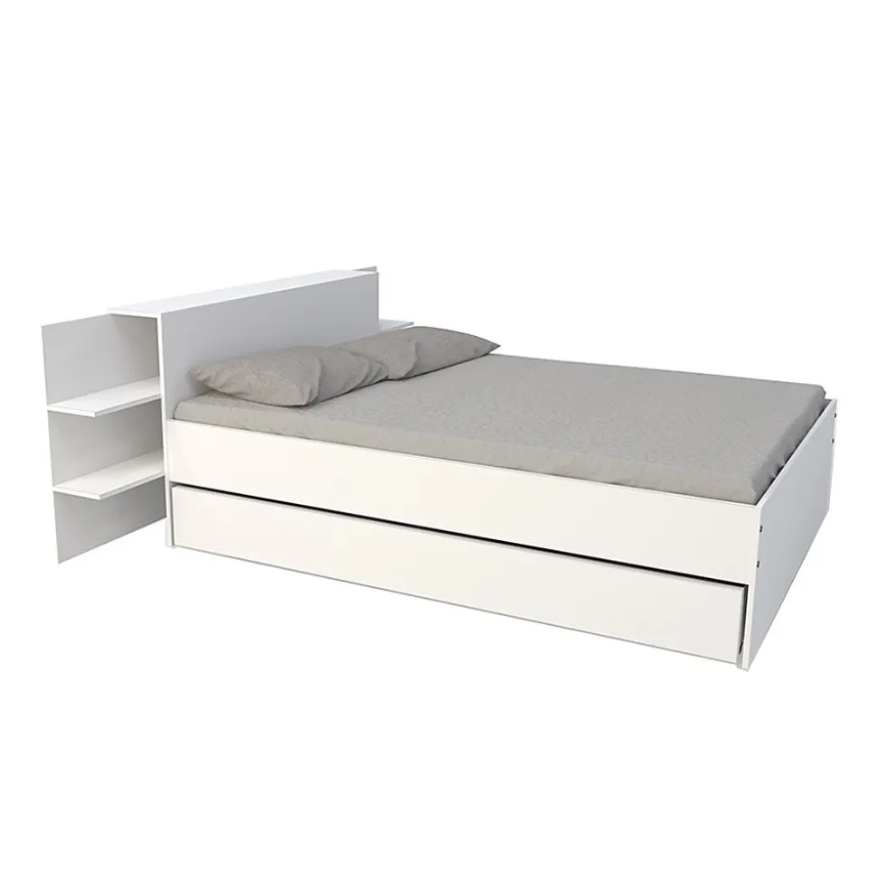 Lit 2 places 140x190cm Blanc CITA inclus sommier et tete de lit chevet et tiroir
