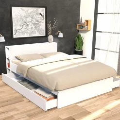 Lit 2 places 140x190cm Blanc ROGO inclus sommier et tete de lit avec étageres et 2 tiroirs