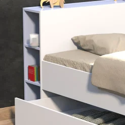 Lit 2 places 140x190cm Blanc ROGO inclus sommier et tete de lit avec étageres et 2 tiroirs