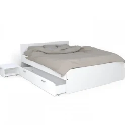 Lit 2 places 140x190cm Blanc TIDO inclus sommier, 1 chevet et 1 tiroir pour rangement