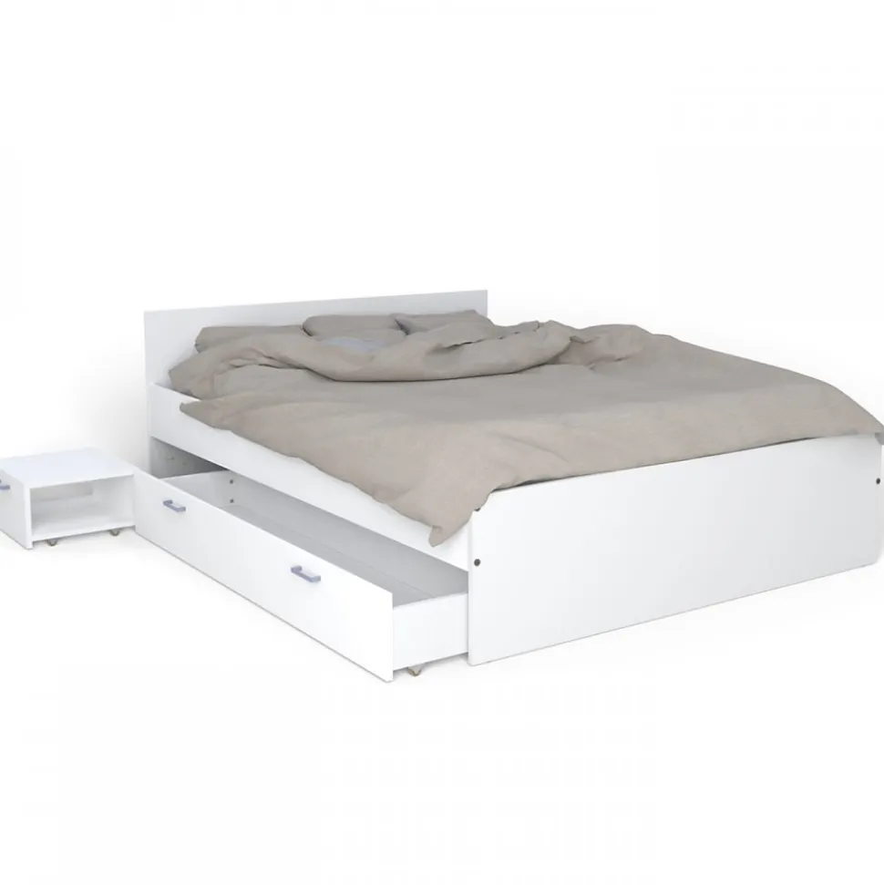 Lit 2 places 140x190cm Blanc TIDO inclus sommier, 1 chevet et 1 tiroir pour rangement