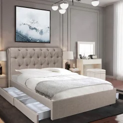 Lit 2 places 160x200cm CHALIN beige avec tête de lit inclus sommier et 4 tiroirs pour rangement