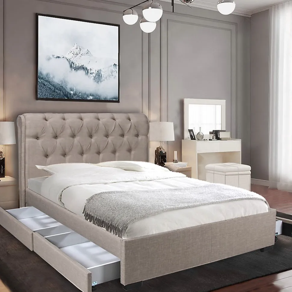 Lit 2 places 140x190cm CHALIN beige avec tête de lit inclus sommier et 4 tiroirs pour rangement