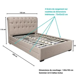 Lit 2 places 140x190cm CHALIN beige avec tête de lit inclus sommier et 4 tiroirs pour rangement