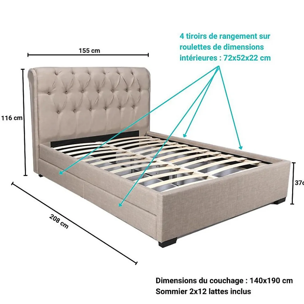 Lit 2 places 140x190cm CHALIN beige avec tête de lit inclus sommier et 4 tiroirs pour rangement
