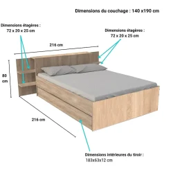 Lit 2 places 140x190cm Chêne CITA inclus sommier et tete de lit chevet et tiroir