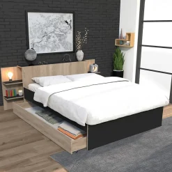 Lit 2 places 140x190cm Chêne et noir CITA inclus sommier et tete de lit chevet et tiroir