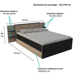 Lit 2 places 140x190cm Chêne et noir CITA inclus sommier et tete de lit chevet et tiroir