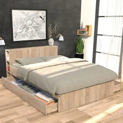 Lit 2 places 140x190cm chêne ROGO inclus sommier et tete de lit avec étageres et 2 tiroirs