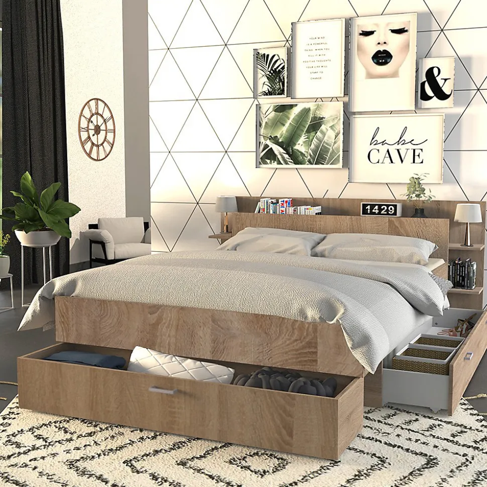 Lit 2 places 140x190cm Chêne SAND inclus sommier et tete de lit et 2 tiroirs