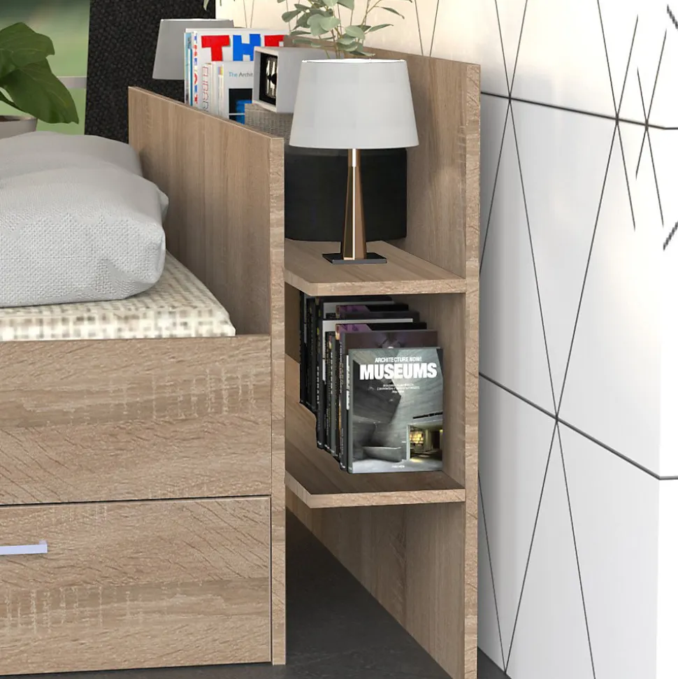 Lit 2 places 140x190cm Chêne SAND inclus sommier et tete de lit et 2 tiroirs