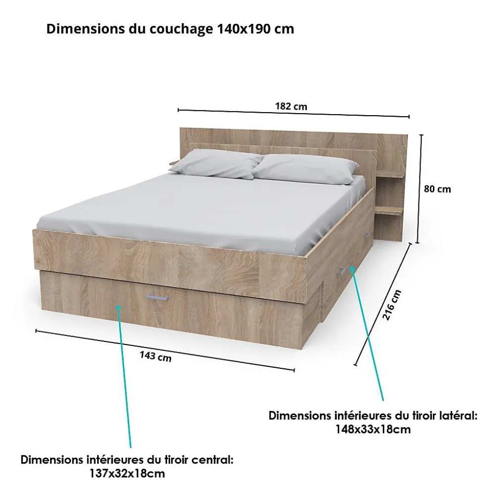 Lit 2 places 140x190cm Chêne SAND inclus sommier et tete de lit et 2 tiroirs