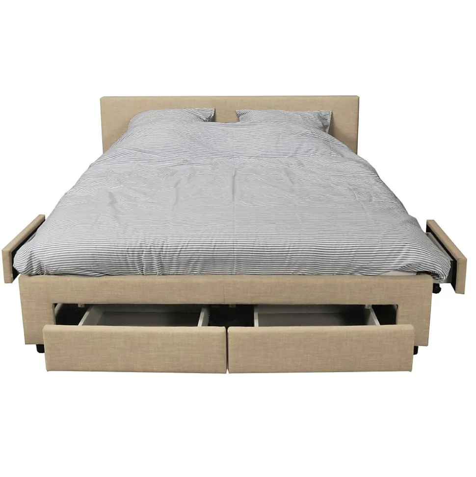 Lit 2 places 140x190cm Tissu Beige LOUGNE inclus sommier et 4 tiroirs