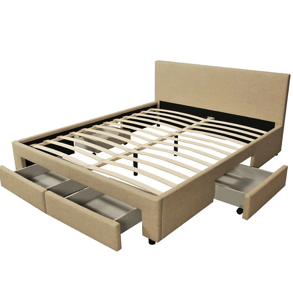 Lit 2 places 140x190cm Tissu Beige LOUGNE inclus sommier et 4 tiroirs