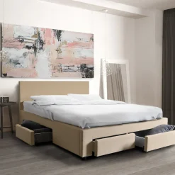 Lit 2 places 140x190cm Tissu Beige LOUGNE inclus sommier et 4 tiroirs