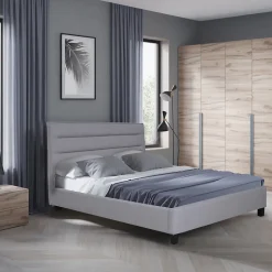 Lit 2 places 140x190cm tissu Gris clair avec sommier LANEAU