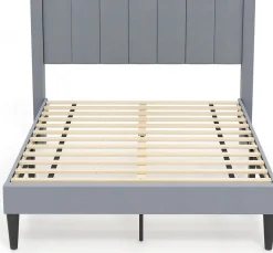 Lit 140 x 200 avec Sommier sans Matelas, Lit Capitonné avec Tete 140CM en Tissu Velours Doux, Lattes Bois, Charge 250KG (7 Bandes)