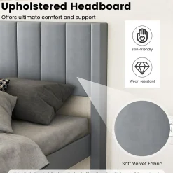 Lit 140 x 200 avec Sommier sans Matelas, Lit Capitonné avec Tete 140CM en Tissu Velours Doux, Lattes Bois, Charge 250KG (7 Bandes)