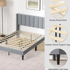 Lit 140 x 200 avec Sommier sans Matelas, Lit Capitonné avec Tete 140CM en Tissu Velours Doux, Lattes Bois, Charge 250KG (7 Bandes)