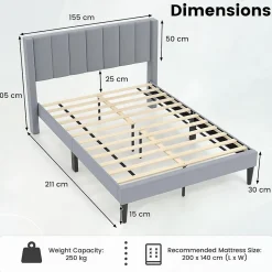 Lit 140 x 200 avec Sommier sans Matelas, Lit Capitonné avec Tete 140CM en Tissu Velours Doux, Lattes Bois, Charge 250KG (7 Bandes)