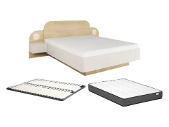 Lit 160 x 200 cm - Avec chevets et LEDs - Coloris : Beige et Naturel + Sommier + Matelas - DARTAGNO