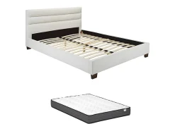 Lit 160 x 200 cm - Simili - Blanc + Matelas - FAUSTIN