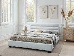 Lit 160 x 200 cm - Simili - Blanc + Matelas - FAUSTIN