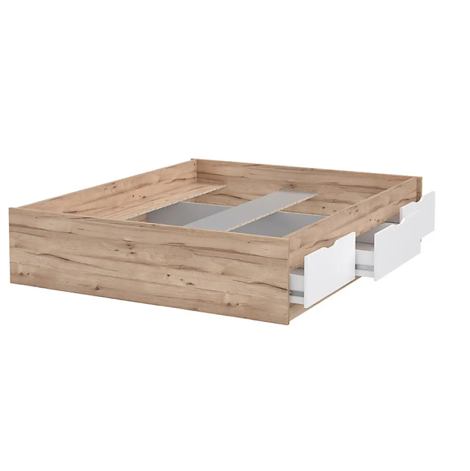 Lit 160 x 200 cm 3 tiroirs décor chêne naturel et blanc mat - ALBANE