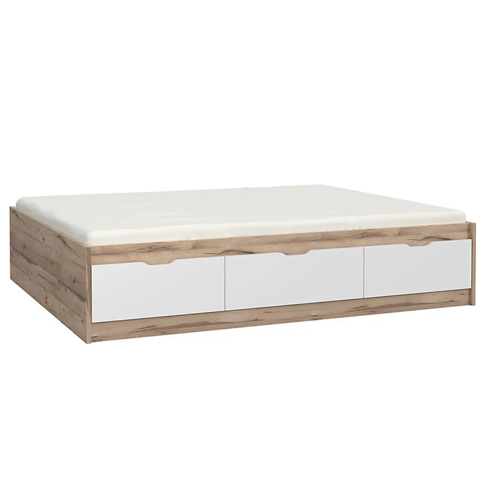Lit 160 x 200 cm 3 tiroirs décor chêne naturel et blanc mat - ALBANE