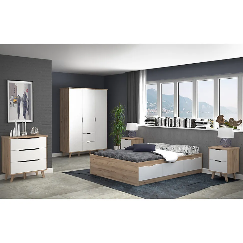 Lit 160 x 200 cm 3 tiroirs décor chêne naturel et blanc mat - ALBANE