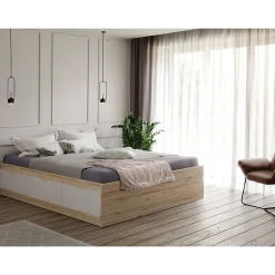 Lit 160 x 200 cm 3 tiroirs décor chêne naturel et blanc mat - ALBANE