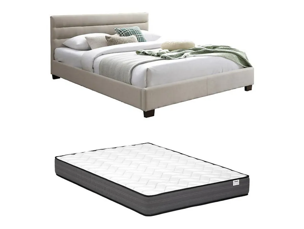 Lit 140 x 190 cm - Tissu - Beige + Matelas - FAUSTIN