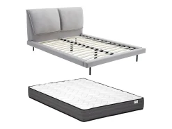 Lit 140 x 190 cm - Velours - Gris + Matelas - IBEDIA