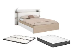 Lit 140 x 190/200 cm avec 4 tiroirs - Coloris : Naturel et blanc + Sommier + Matelas - TILONIDE