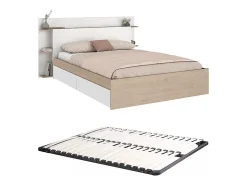 Lit 140 x 190/200 cm avec 4 tiroirs - Coloris : Naturel et blanc + Sommier - TILONIDE