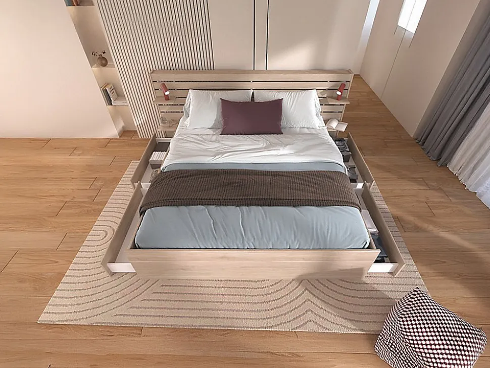 Lit 160 x 200 cm avec 4 tiroirs - Coloris : Naturel + Sommier + Matelas - TENALIA II