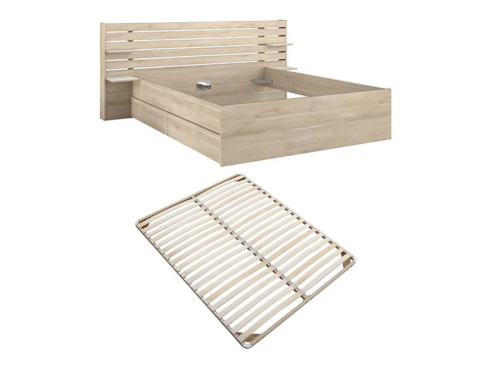 Lit 180 x 200 cm avec 4 tiroirs - Coloris : Naturel + Sommier - TENALIA