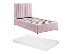 Lit 90 x 190 cm avec 2 tiroirs - Tissu - Rose + Matelas - SARAH