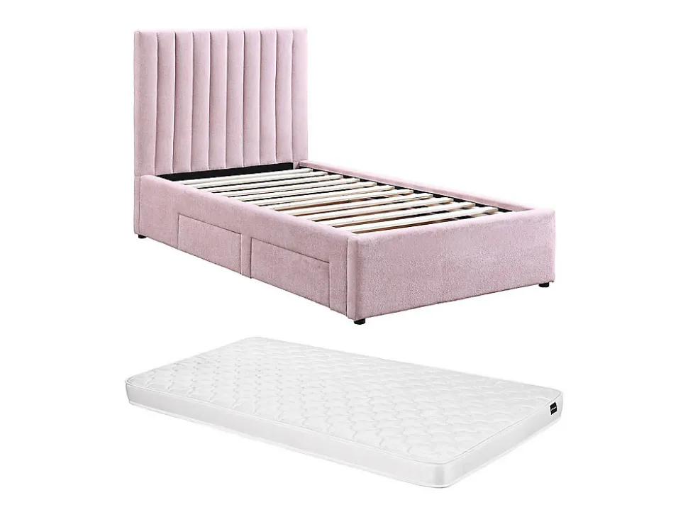 Lit 90 x 190 cm avec 2 tiroirs - Tissu - Rose + Matelas - SARAH