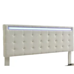 Lit 140 X 200 Cm Avec Éclairage LED Et Tête De Lit Réglable, Sommier à Lattes, Tissu En Lin, Beige