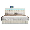Lit 160 X 200 Cm Avec Éclairage LED Et Tête De Lit Réglable, Sommier à Lattes, Tissu En Lin, Beige