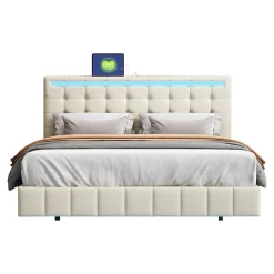 Lit 160 X 200 Cm Avec Éclairage LED Et Tête De Lit Réglable, Sommier à Lattes, Tissu En Lin, Beige