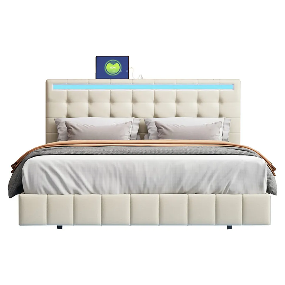 Lit 160 X 200 Cm Avec Éclairage LED Et Tête De Lit Réglable, Sommier à Lattes, Tissu En Lin, Beige